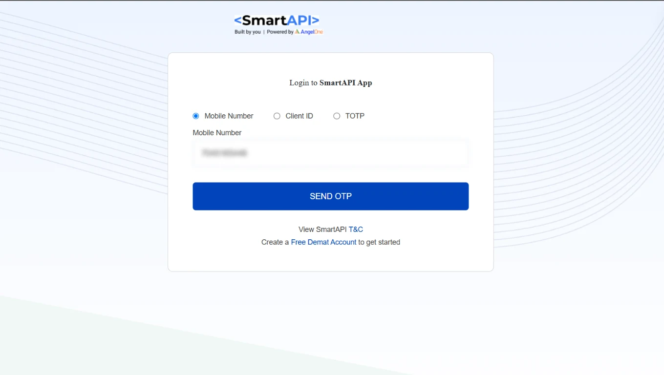 SmartAPI login page showing Mobile Number, Client ID and TOTP options