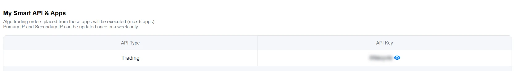My Smart API and Apps table showing the Trading row and API Key with reveal icon