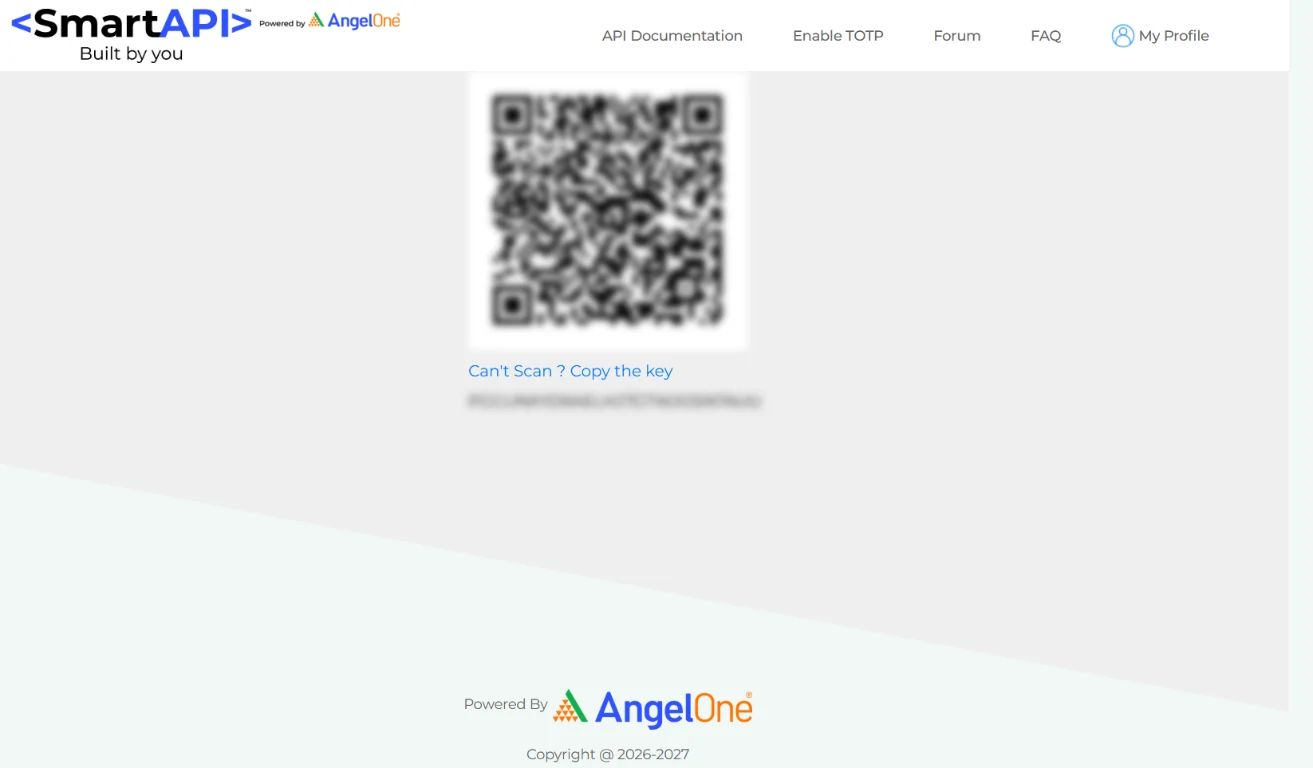 SmartAPI Enable TOTP screen with the QR code blurred and the Can't Scan? Copy the key link highlighted