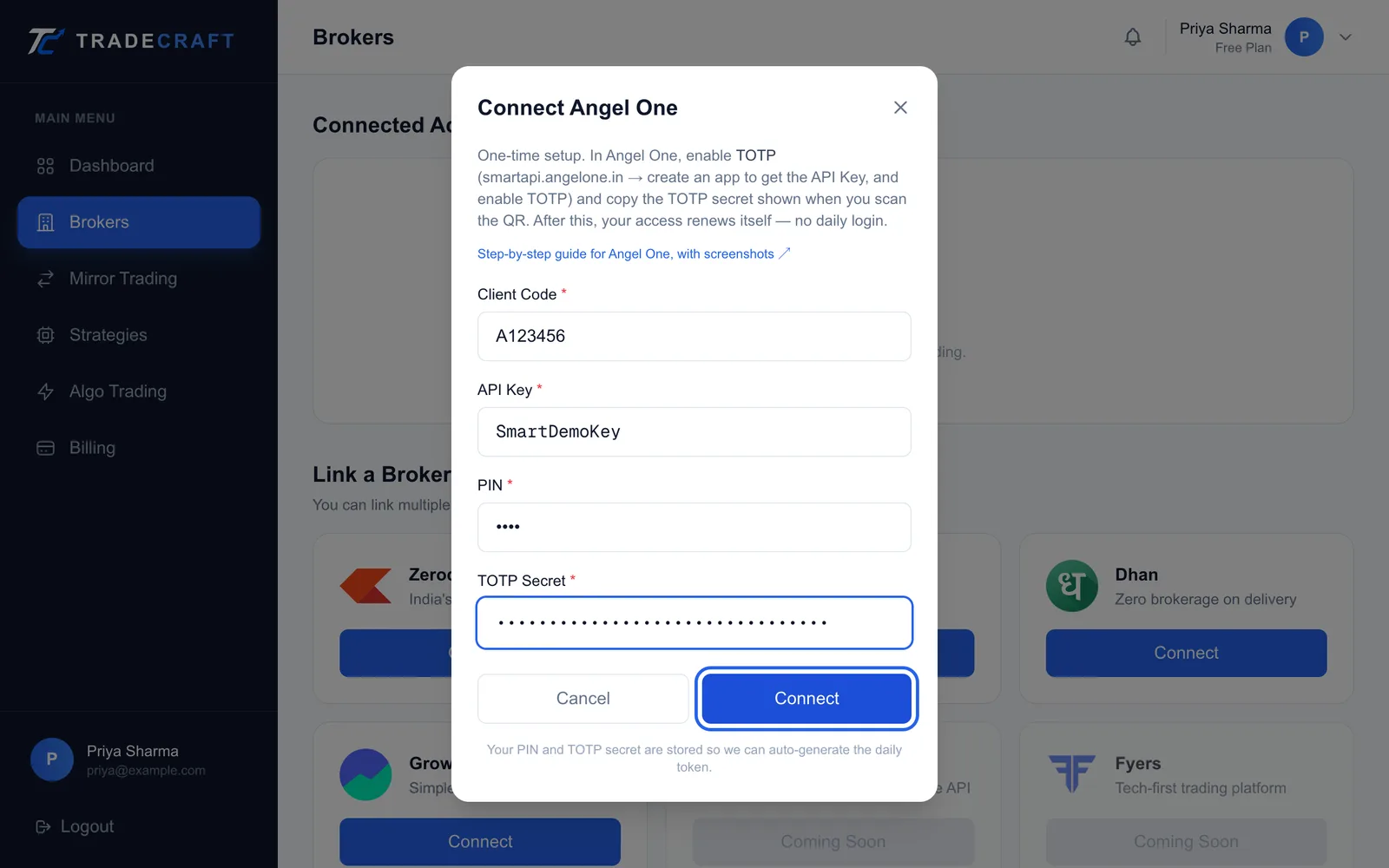 TradeCraft Connect Angel One window with Client Code, API Key, PIN and TOTP Secret fields