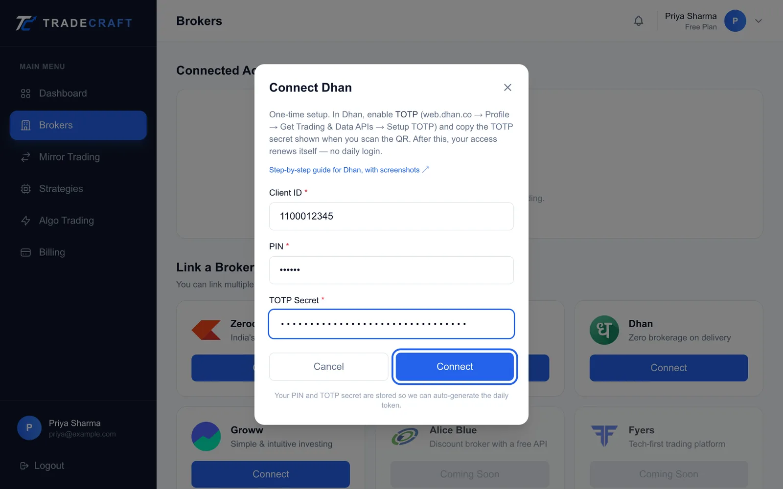 TradeCraft Connect Dhan window with Client ID, PIN and TOTP Secret fields