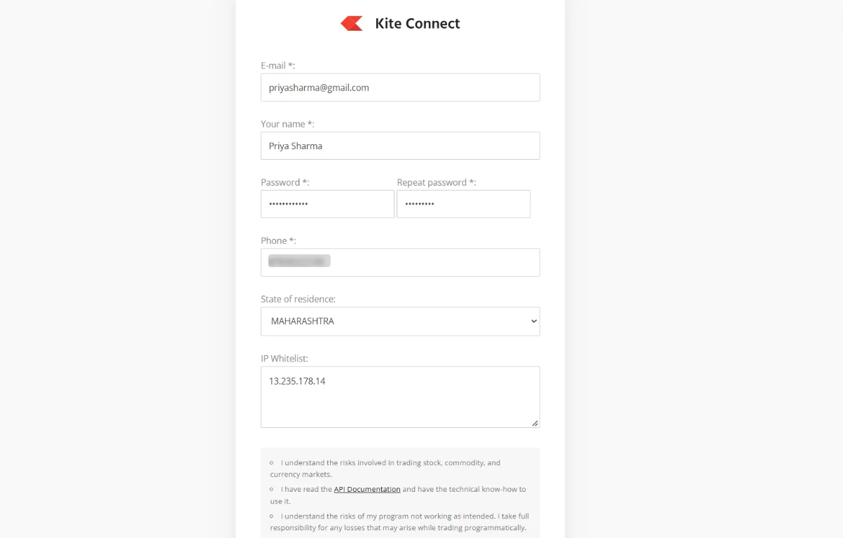 Kite Connect developer signup form with the IP Whitelist box highlighted
