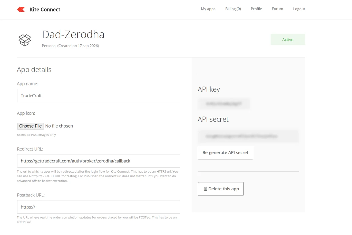 Kite Connect app details page with the API Key and API Secret fields highlighted, values blurred