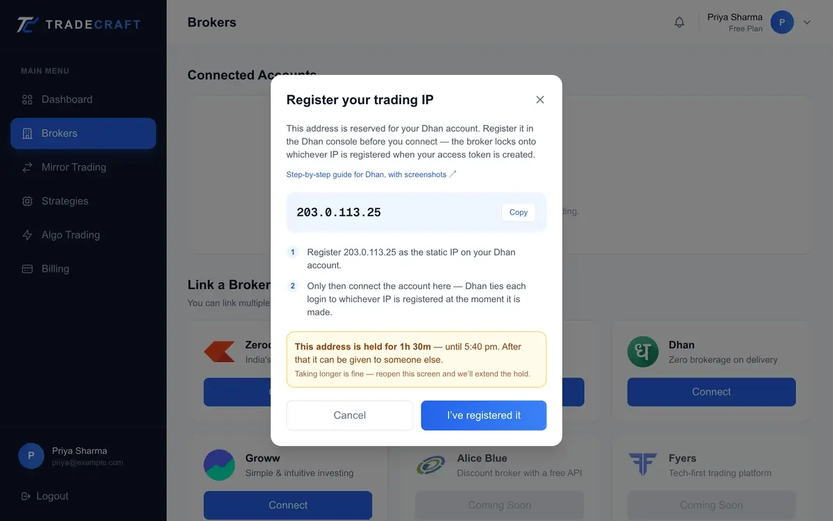 The whole TradeCraft side, from I've registered it to a connected account.