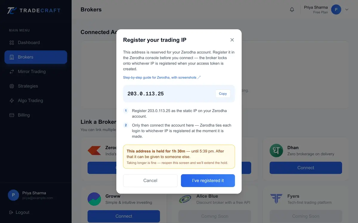 The TradeCraft side, from I've registered it to Connected! (Zerodha's own login page is skipped here.)